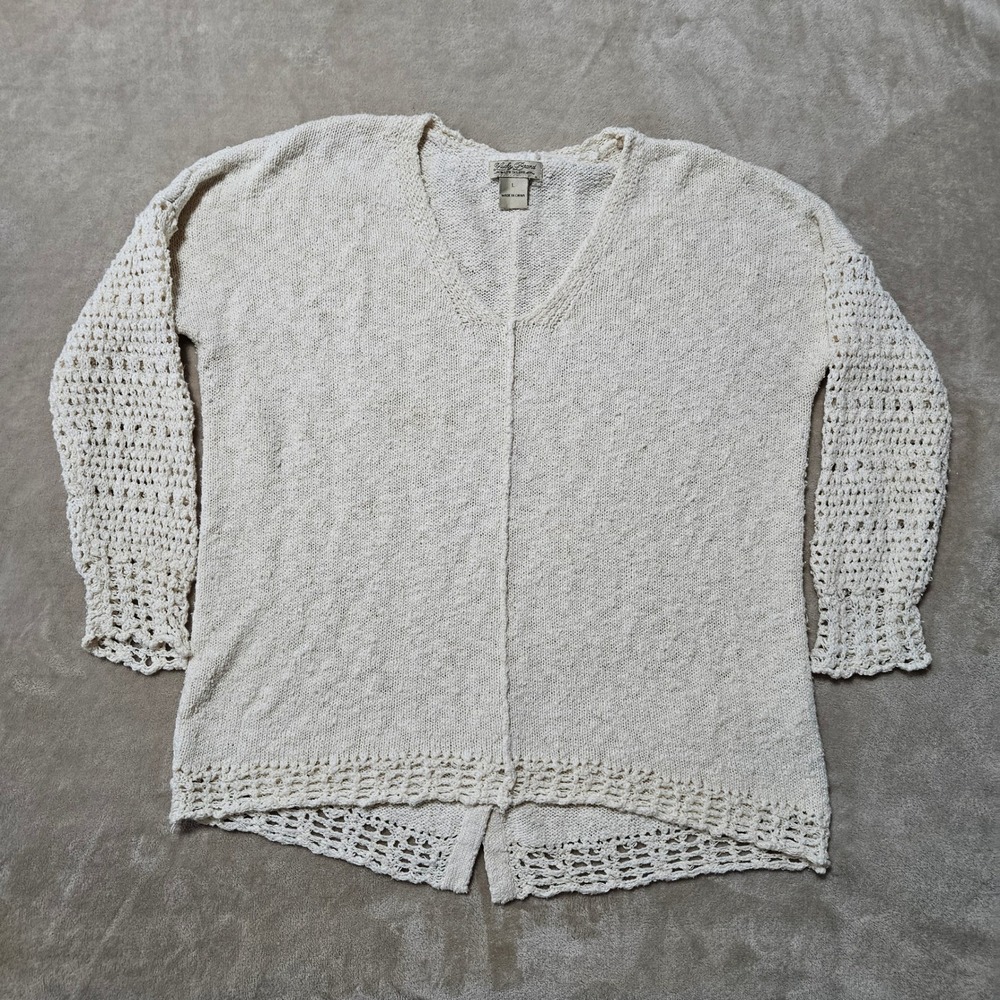Lucky Brand Cream Crochet Sleeve V-Neck Knit Sweater Womens Large Ivory Boho